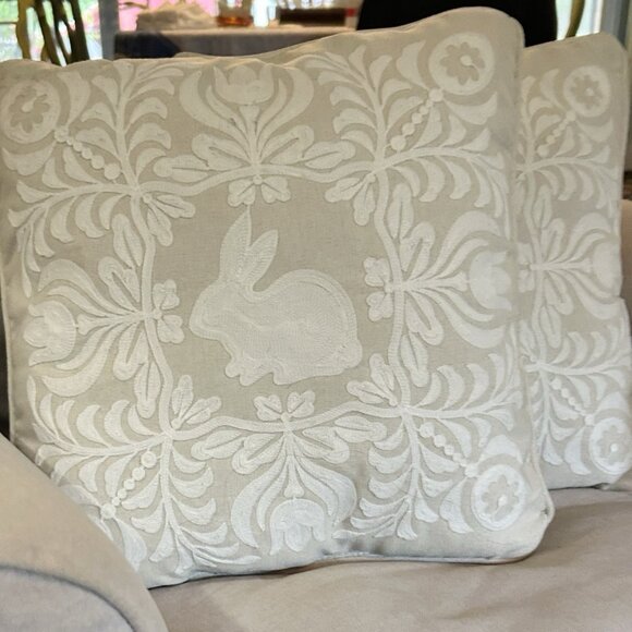 Set Of 2 Ivory Embroidered 18” Bunny Rabbit Pillows. - Spring Cottagecore Accent - Picture 3 of 11